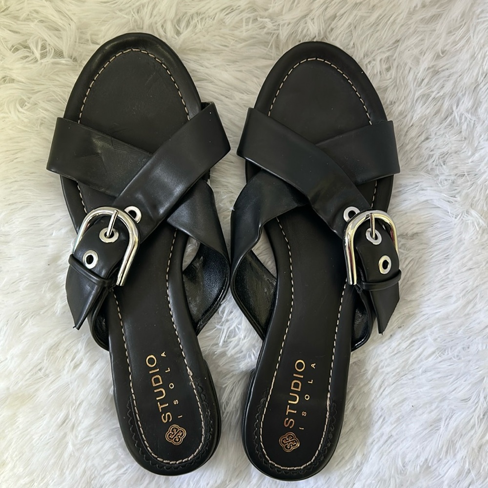 Size 11, black crisscross, sandal, man-made material